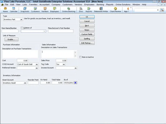 Leltárrész hozzáadása a QuickBooks 2012 cikklistájához