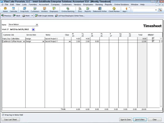 Használjon heti munkaidő-nyilvántartást az idő számlázásához a QuickBooks 2012-ben