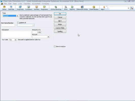 Kedvezményes tétel hozzáadása a QuickBooks 2012 cikklistájához