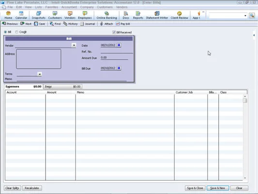 Adjon meg számlát, ha még nem rögzítette tétel nyugtát a QuickBooks 2012-ben
