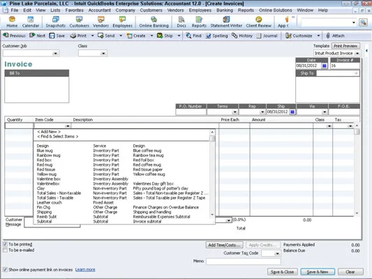Tétellistája a QuickBooks 2012-ben
