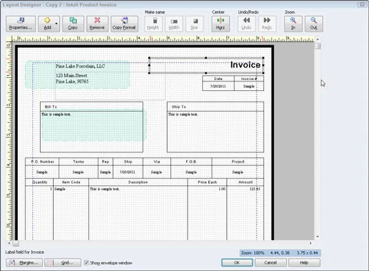 Инструментът за дизайнер на оформление на QuickBooks 2012 за персонализиране на фактури