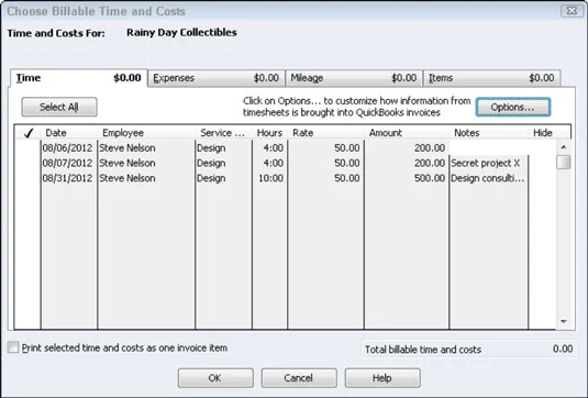 Számlázható idő szerepeltetése a QuickBooks 2012 számláján