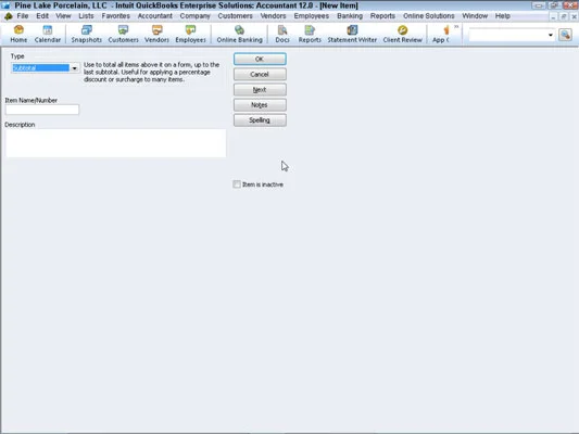 Részösszeg tétel hozzáadása a tétellistához a QuickBooks 2012-ben