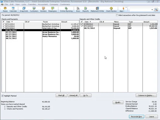 Съгласуване на банкова сметка в QuickBooks 2012