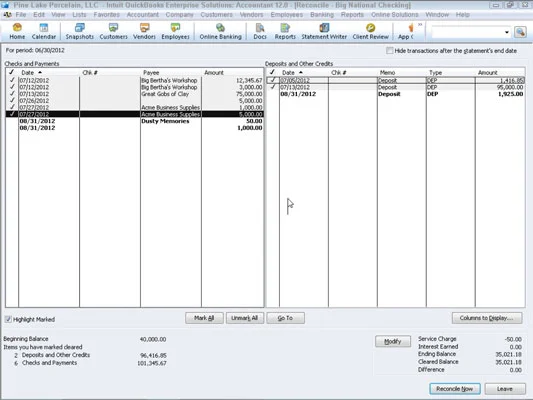 Съгласуване на банкова сметка в QuickBooks 2012