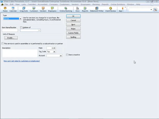 Elemek hozzáadása a tétellistához a QuickBooks 2012-ben
