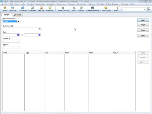 A Keresés parancs a QuickBooks 2012 Szerkesztés menüjében