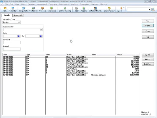 A Keresés parancs a QuickBooks 2012 Szerkesztés menüjében