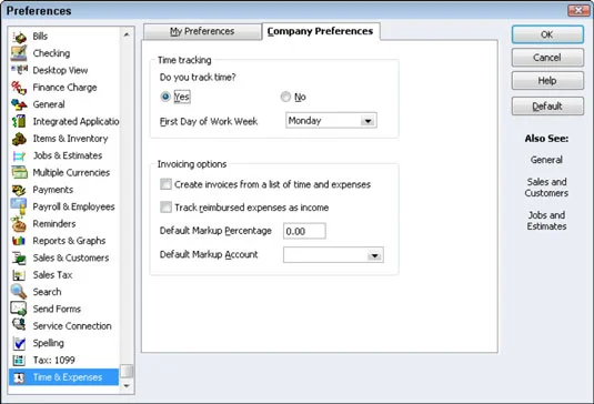 Állítsa be az idő- és költségbeállításokat a QuickBooks 2012-ben