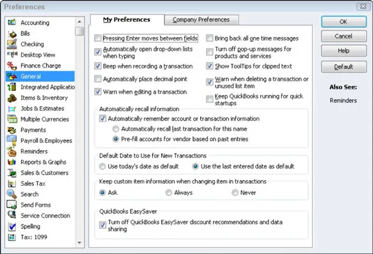 A QuickBooks 2012 általános beállításainak megadása