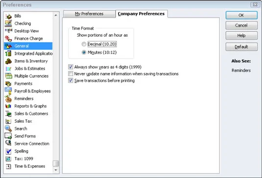 A QuickBooks 2012 általános beállításainak megadása