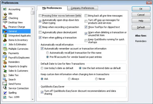 A QuickBooks 2012 Beállítások beállításai elérése