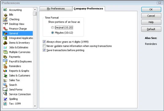 A QuickBooks 2012 Beállítások beállításai elérése