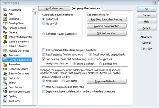 A bérszámfejtés működésének szabályozása a QuickBooks 2012-ben