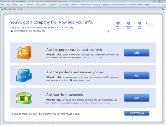 Добавете информация към фирмения файл по време на настройката на QuickBooks 2012s