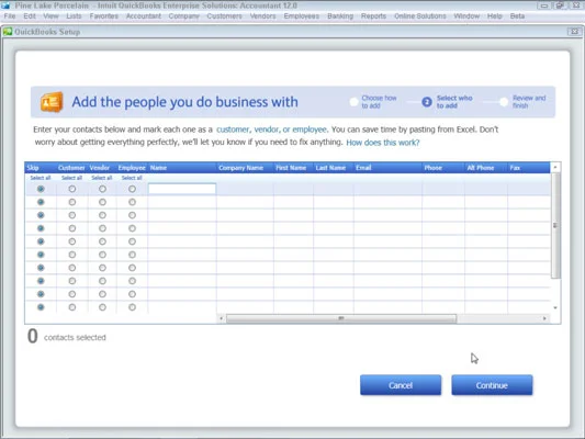 Добавете информация към фирмения файл по време на настройката на QuickBooks 2012