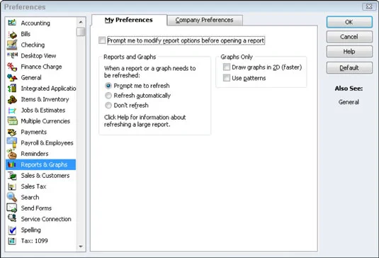 Посочете предпочитанията за отчети и графики в QuickBooks 2012