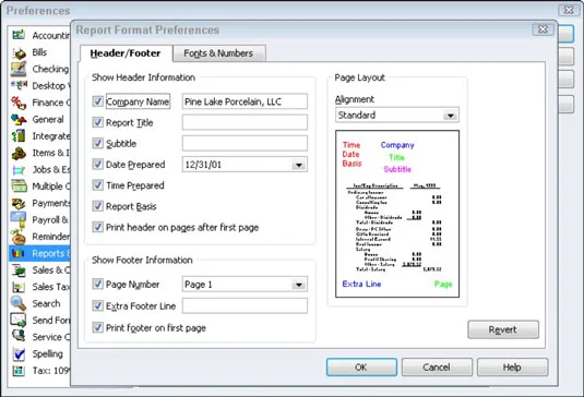 Посочете предпочитанията за отчети и графики в QuickBooks 2012
