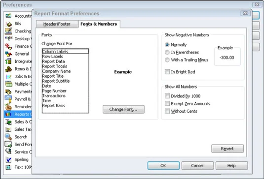 Посочете предпочитанията за отчети и графики в QuickBooks 2012