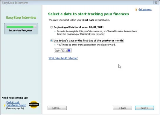 Állítsa be a kezdési dátumot a QuickBooks 2012 EasyStep interjú során