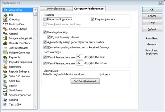 A QuickBooks 2012 könyvelési beállításainak megadása
