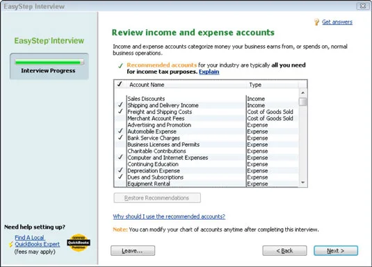 Tekintse át a javasolt számlatáblázatot a QuickBooks 2012 EasyStep interjúban