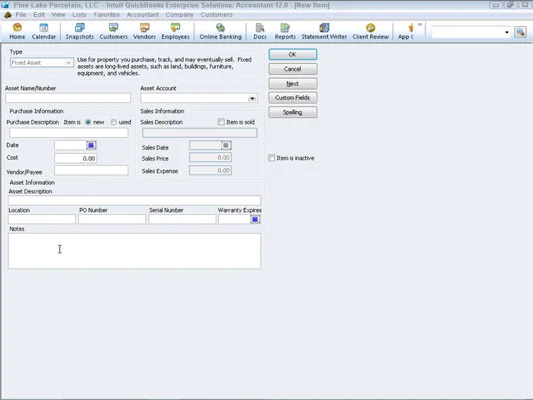 Nastavite seznam osnovnih sredstev v QuickBooks 2012