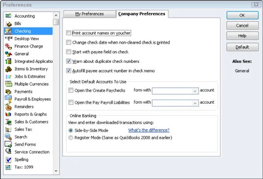 A QuickBooks 2012 ellenőrzési beállításainak megadása