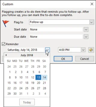 Výběr data připomenutí v Outlooku 2019