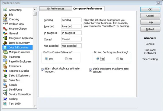 Az állásbecslések használata a QuickBooks 2012-ben