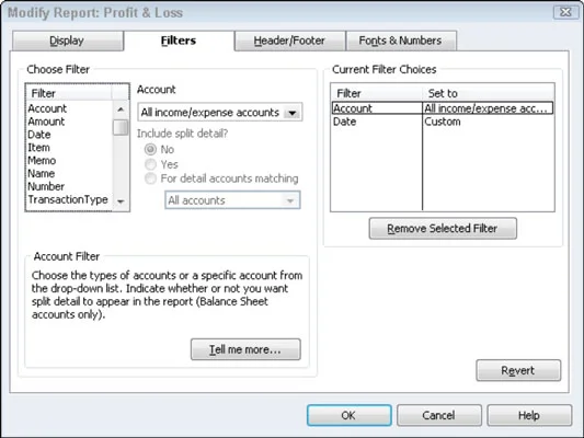 A QuickBooks 2012 jelentések módosításához használja a Szűrők lapot