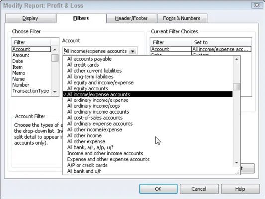 A QuickBooks 2012 jelentések módosításához használja a Szűrők lapot