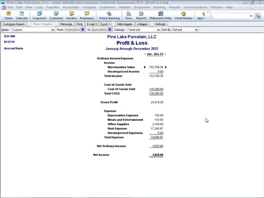 A QuickBooks 2012 jelentésablak dobozai