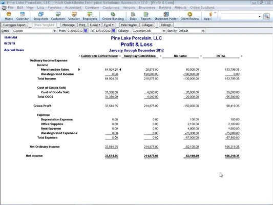 A QuickBooks 2012 jelentésablak dobozai