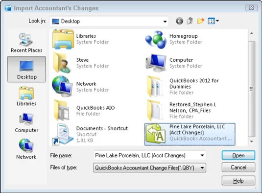 Importálja a könyvelők változásait a QuickBooks 2012 adatfájlba