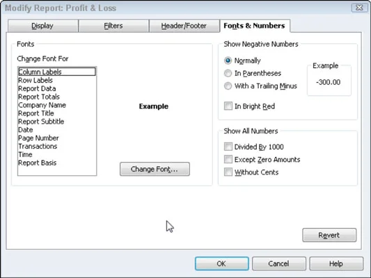 Használja a Fonts & Numbers lapot a QuickBooks 2012 jelentések módosításához