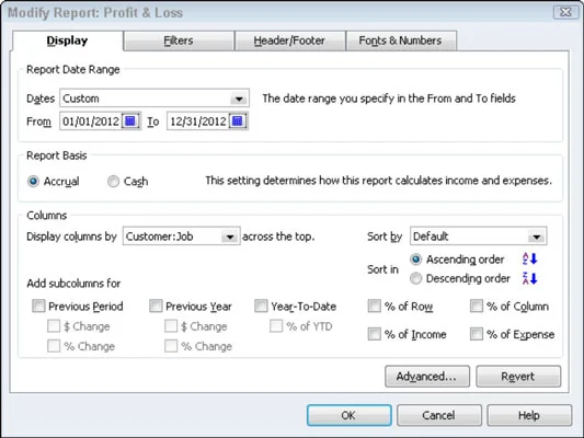 Használja a Megjelenítés lapot a QuickBooks 2012 jelentések módosításához