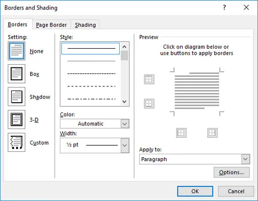 Ako používať dialógové okno Orámovanie a tieňovanie Microsoft Words
