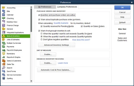 A készletelemek beállítása a QuickBooks 2019-ben