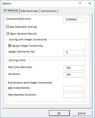 Az Excel 2019 Solver beállításai