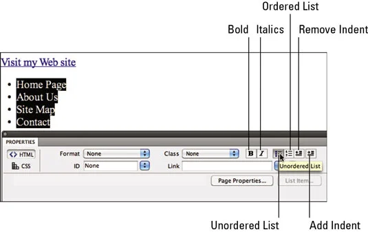 Приложете получер шрифт, курсив, списъци и отстъп в Dreamweaver