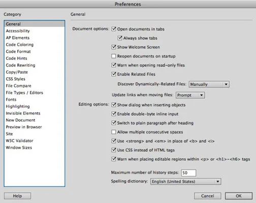 Slik angir du innstillinger i Dreamweaver CS6