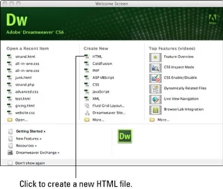 Dreamweaver CS6 velkomstskjerm og standardinnstillinger