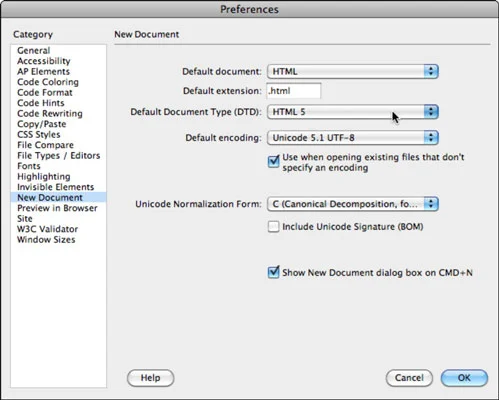 Dreamweaver CS6 velkomstskjerm og standardinnstillinger