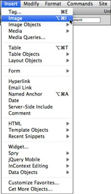 Dreamweaver CS6 rekvizītu inspektors un ievietošanas izvēlne