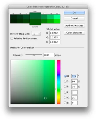 Photoshop CC Painting og fargevelgeren i 32-bit