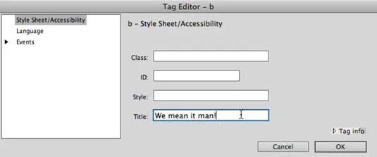 Generer HTML fra Dreamweaver Insert Menu