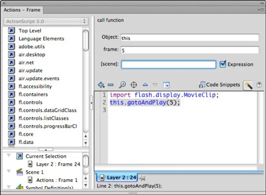 Kā izmantot Goto kodu ar darbību paneli programmā Adobe Flash CS6