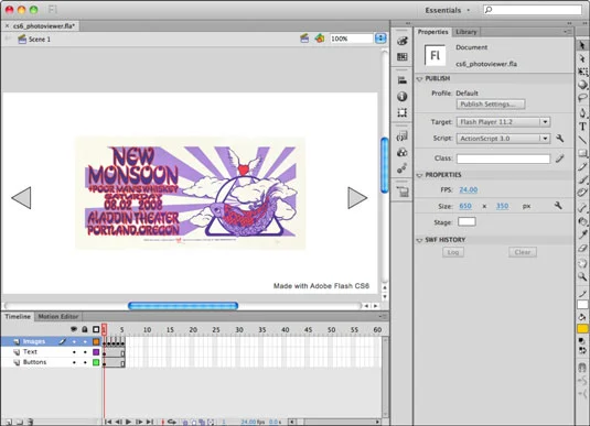 Kā izveidot vienkāršu fotoattēlu skatītāju programmā Adobe Flash CS6